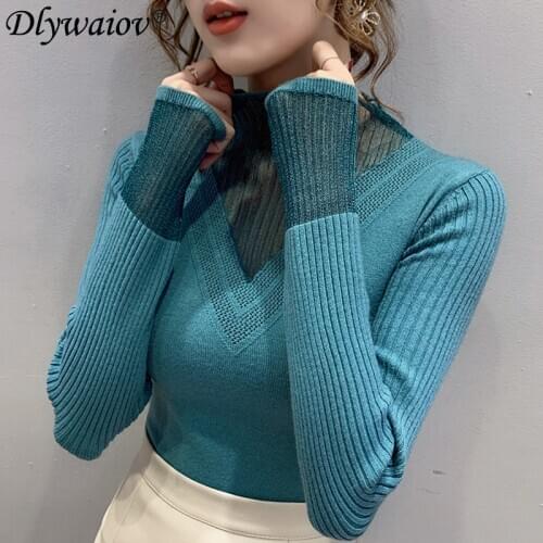 Pullover sweater women 2021 New Autumn winter Sexy Mesh splice clothes Female knitted sweater Ladies sweater Jumper Pull femme