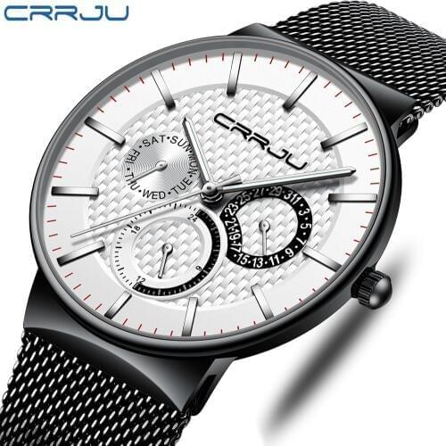 Relogio Masculino Mens Watches Top Brand CRRJU Luxury Ultra-thin Wrist Watch Men Watch Clock Date Display Mesh Watch