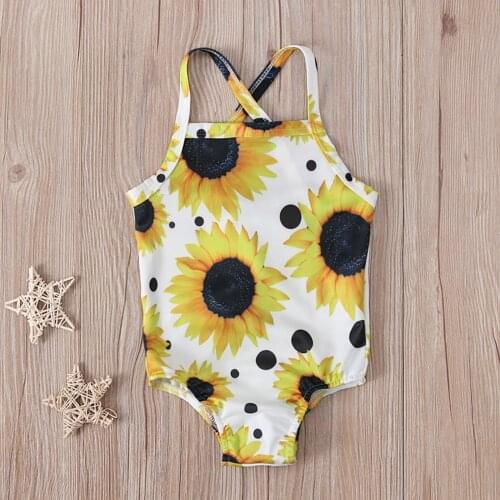 Baby Kids Girls Sunflower Print Strap Ruffle One Piece Swimwear Baby Sleeveless Infant Beachwear Bathing Suits Swimsuit 2021