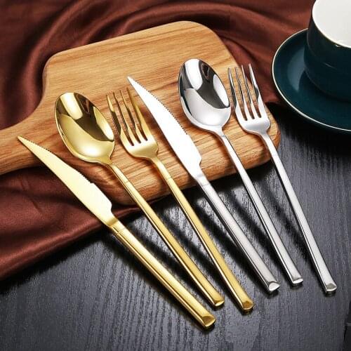 Stainless Steel Square Handle Tableware Coffee Ice Cream Spoon Teaspoon Steak Knife Fork Western Luxury Cutlery Kitchen Utensils