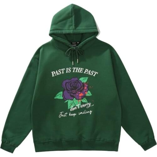 Kpop Autumn Ink Rose Print Retro Green Men Oversized Hoodies Pullover Casual Fleece Hooded Sweatshirts Women Clothes For Teens