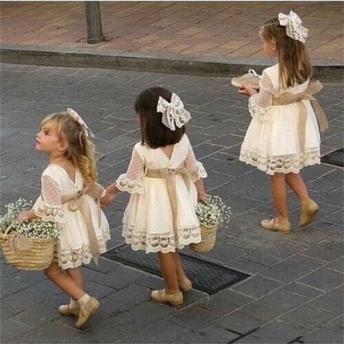 Spring Girls Bridesmaid White Dress Baby Toddler Kids Knee-Length Fashion Party Lace Long Sleeve Bow Wedding Princess Dresses