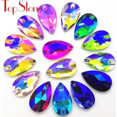 All Sizes Colored AB Teardrop Sew On Rhinestones Flatback 2 Holes Droplet Glass Sewing Crystal Beads 7x12,11x18,13x22,17x28mm