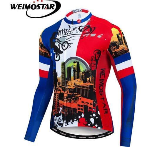 Weimostar City Blue-Red Cycling Jersey Tops Mens Long Sleeve Bicycle Clothing Camisa Ciclismo Thin MTB Bike Riding Shirts