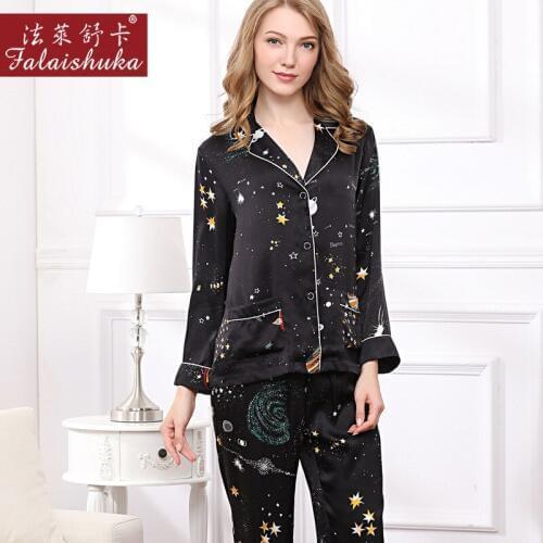 Heavy Silk Woman Pajamas Romantic Starry Sky Long-Sleeve 100% SILK Sleepwear Female Two-Piece Silkworm Silk Pyjama Sets T8161