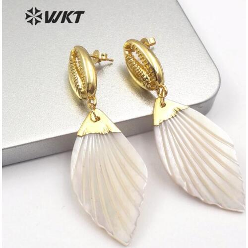 WT-E573 natural white yellow light purple shell Earring leaf stripe Line engraving long Earring women gold shell Jewely