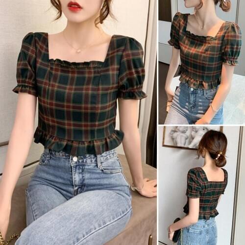 Women Summer Vintage Puff Sleeve Square Neck Waist Tight vintage style comfortable to wear женские футболки