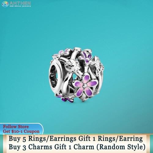 Ahthen 925 Sterling Silver Openwork Purple Daisy Charm fit Original Pandora Bracelets for Women Jewelry Making Girl DIY Jewelry