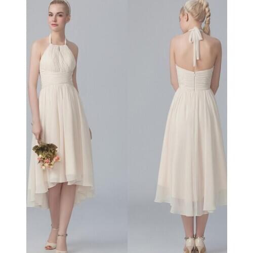 2015 Summer Style High Low Tea Length Beige Wedding Gowns A Line Halter Backless Ruffles Party Maid of Honor Dresses Chiffon