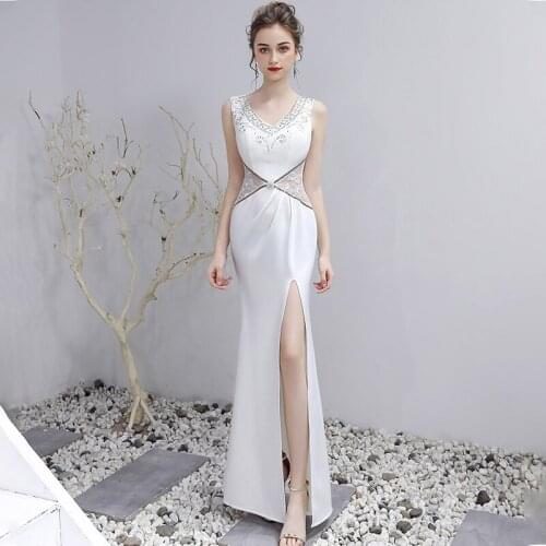 Evening Dress White Beads V-Neck Sleeveless Mermaid Zipper Back Fashion Floor-length Plus size Women Formal Party Dresses C1302