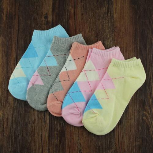 10 Pairs /lot Womens Summer Socks Black Gray White 5 Color Rhombus Pattern Casual Breathable Comfortable Invisible Sock Slippers
