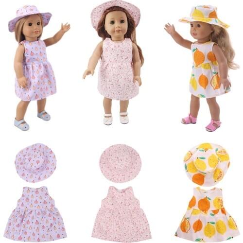 2Pcs/set The Same Style Dress + Hat Fruit Flower Pattern New Holiday Style For 18 Inch American Doll Girls & 43 Cm New Born Baby