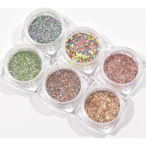 6Pot/set Nail Art Holographic Flake Dust Multi-Colored Hexagon Ultra-thin Chunky Flake Sparkly Spangle DIY Nail Art Mylar Flakes