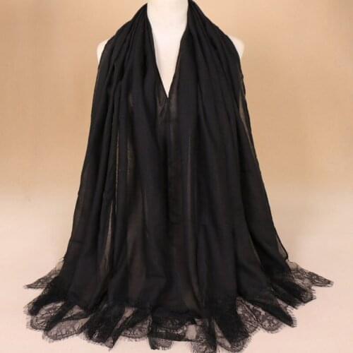 Floral Hijab Scarves Polyester Lace Scarf Women Muslim Plain Cotton Long Wraps Solid Color Pashmina Islamic Headband 180*90CM