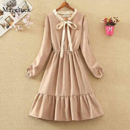 Elegant Bow Tie Women Autumn Elastic Waist Solid Slim Long Dress Lace High Waist Long Sleeve Ruffle Stitching A-line Dress 12069