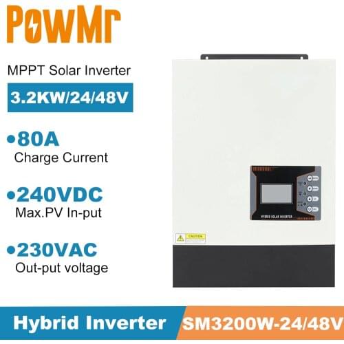 3200VA/3200W Hybrid Inverter 24/48VDC Pure Sine Wave Off Grid Solar Inverter 230VAC with 80A MPPT Battery Charger Controller
