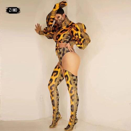 4 pieces Women Sexy Leopard Show Nightclub Bar Party Dj Ds Hat Jacket Pants Sets Jazz drag queen Dance Stage performance costume