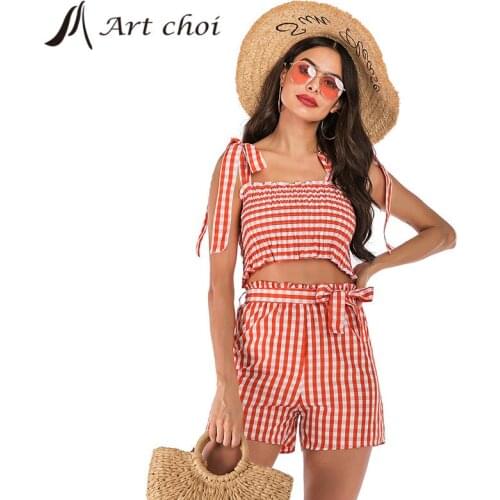 Summer Two Piece Sets Casual Outfit Suits Women Plaid Bandage Crop Tank Tops Vest Linen Shorts Pants Beach Boho 2 Piece Sets