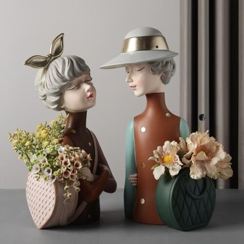 Nordic Resin Girl Sculpture Vases Cartoon Dried Flower Vases Home Decoration Accessories for Living Room Bedroom Table Ornaments