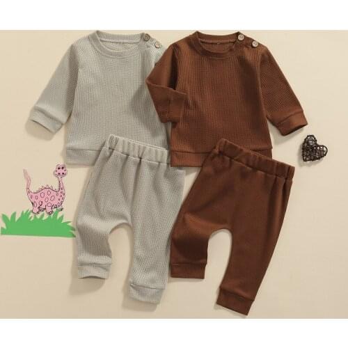 0-24M Newborn Baby Boy Girl Solid Color Long Sleeve Waffle Pattern Pullover Tops Long Pant Trouser 2PCS Autumn Clothes Set