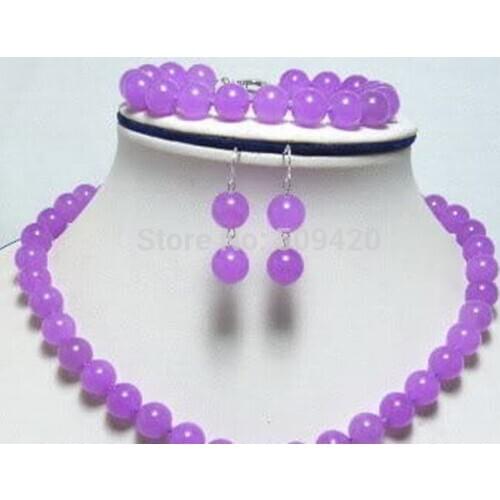 Wholesale genuine 10mm purple JADE stone necklace bracelet earring set