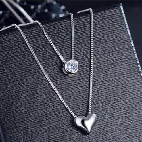 925 Sterling Silver Necklace Double Layer Chain Zircon Heart Pendants Necklaces For Women kolye Choker collares bijoux femme