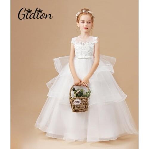 Girls White Wedding Children Clothing Princess Sleeveless Dresses Baby Kids Birthday Party Clothes Appliques Tiered Dress