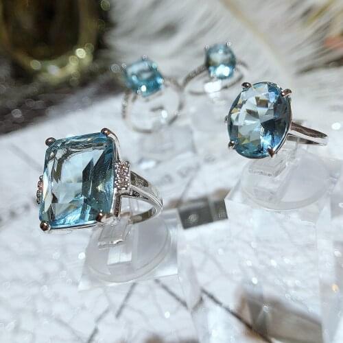 Simulated Aquamarine Zircon Hollowed-out Carved Silver Rings Exaggerated Silver Jewelry for Women Engagement Wedding Ring