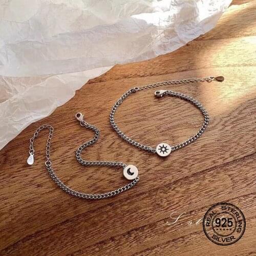 Silver Sun Moon Charm Couple Bracelets For Women Extension Chain Adjustable Vintage Personality Unisex Best Friend Party Jewelry
