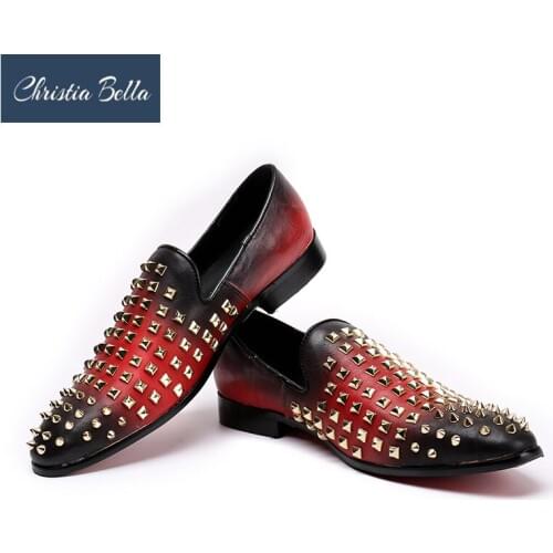 Christia Bella Red Spikes Men Loafers Smoking Slipper Casual Shoes Wedding Dress Mens Flats Genuine Leather Shoes with Rivet
