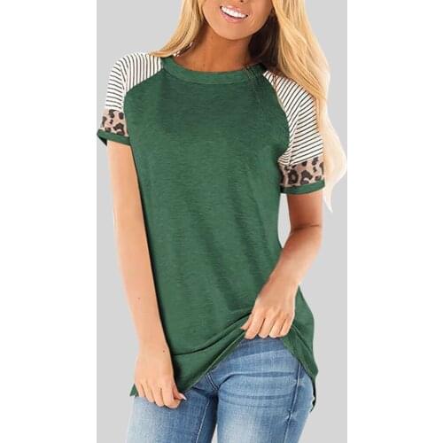 Spring Top Women Short Sleeve T Shirt 2020 Striped Tops Tee Female Leopard stitching Tees Fashion Loose Top Lady T-shirt NS4437