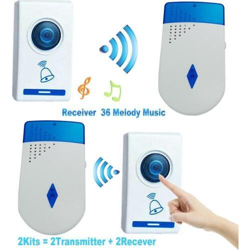 Waterproof Wireless DoorBell SOS Call 2 kits LED AC Powered EU\US Plug loud 36 Tune Remote Control Home Hotel Security Smart