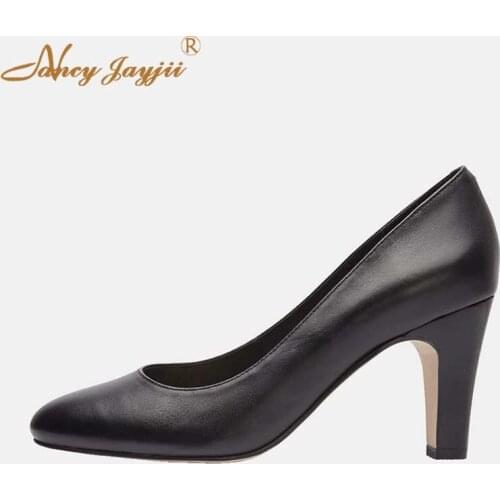 Nancyjayjii Spring 2019 Classic Black Dress Women Ladies Leather Pumps High Square Heels Round Toe Shoes Woman Plus Size 4-16
