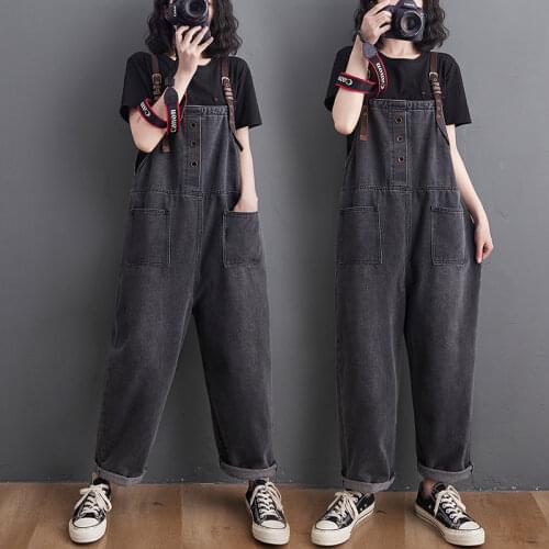 #2323 Black Vintage Denim Overalls Women Front Pockets Loose Long Jeans Jumpsuits Ladies Rompers Womens Jumpsuit Ankle-length