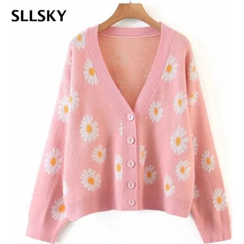 SLLSKY Floral Print Sweater Cardigan Women Loose Knit Cardigans Autumn Casual Lady Long Sleeve V Neck Floral Outerwear Sweater