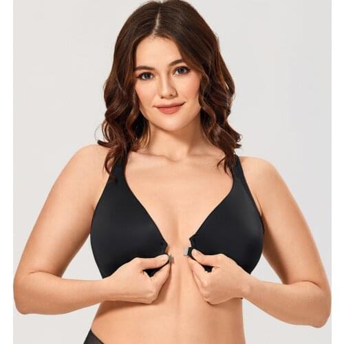 Womens Plus Size Full Coverage Underwire Support Unlined Racerback Plunge Front Close Bra