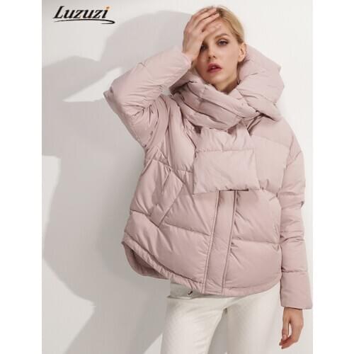 2020 Short Womens Winter White Duck Down Coat cotton padded jacket Stylish Hooded Collar Bib design high quality Outwear coat