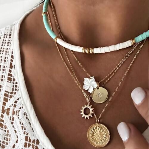 Resin White Flower Alloy Coin Pendants Necklaces for Women Gold Color Layered Necklace Female Choker 2020 Fashion Jewelry New