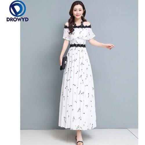 Off Shoulder Dress Chiffon Flower Temperament Lace Slash Neck Strap Seaside Vacation Fashion Women Lolita Clothes Black White