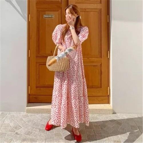 2021 Summer New Printed Dress Korean Version of Loose Womens Temperament Polka Dot Puff Sleeve Over-the-knee Large Swing Skirt