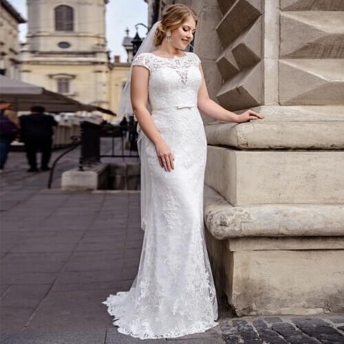 Modest Lace Mermaid Wedding Dress 2021 Plus Size Sweep Train Appliques Cap Sleeve O-neck Bridal Gowns for Bride