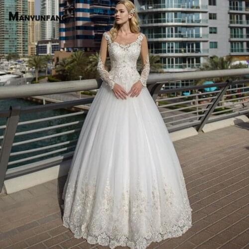 High-End Full Sleeve Embroidery Appliques Tulle Sweep Train Wedding Dress for Women Elegant Lace Up Back O-Neck Bridal Ball Gown