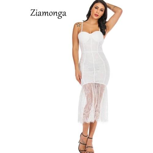 Ziamonga Summer Dress Women Casual Sleeveless Slim White Black Lace Dress Robe Femme Sexy Midi-Calf Dress Night Club Dresses