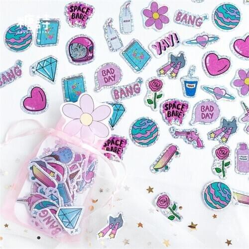 100pcs Stickers Bag Cartoon Cute Laser Cat Planet Anime Series Space Hand Account Diary Album Laptop Mobile Bicycle Decoration