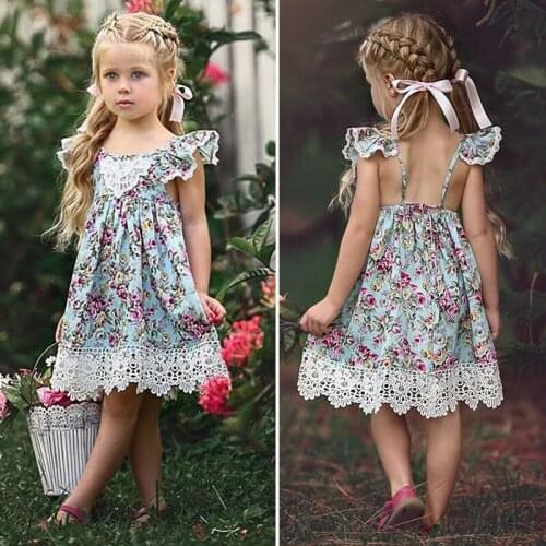2021 Floral Lace Sling Dress Princess Dress Baby Girl Clothes Printing Bowknot Dress Baby Girls Dress For Girl Suit 1-5 Year Old