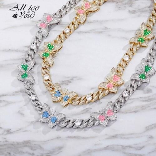 ALLICEONYOU 3 Colors Butterfly Iced Out Cubic Zirconia Cuban Choker Necklace Hip Hop High Quality Fashion Jewelry For Women Gift