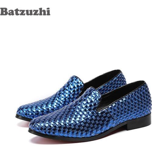 Batzuzhi Luxury Italian Loafers Shoes Men Blue Wave Genuine Leather Men Party Shoes Erkek Ayakkabi Wedding Men, Big Size US12