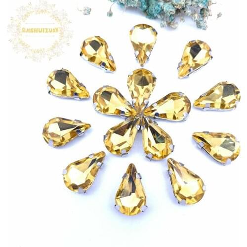 Free shipping! Golden yellow Water drop shape Glass Crystal sew on rhinestones Diy wedding decoration 8*13mm 5*8mm 6*10mm