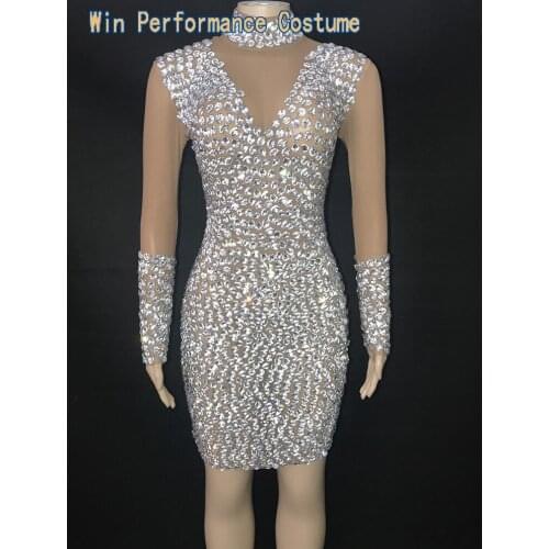 Big Rhinestones Nude Transparent Short Dress Wedding Party Prom Birthday Celebration Crystals Stage Singer Host Mesh Dress