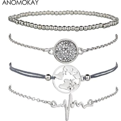 4 PCS/SET Silver Plated Electrocardiogram Map Fashion Chain Link Bracelet European American Vintage Wrap Bracelet for Men Women